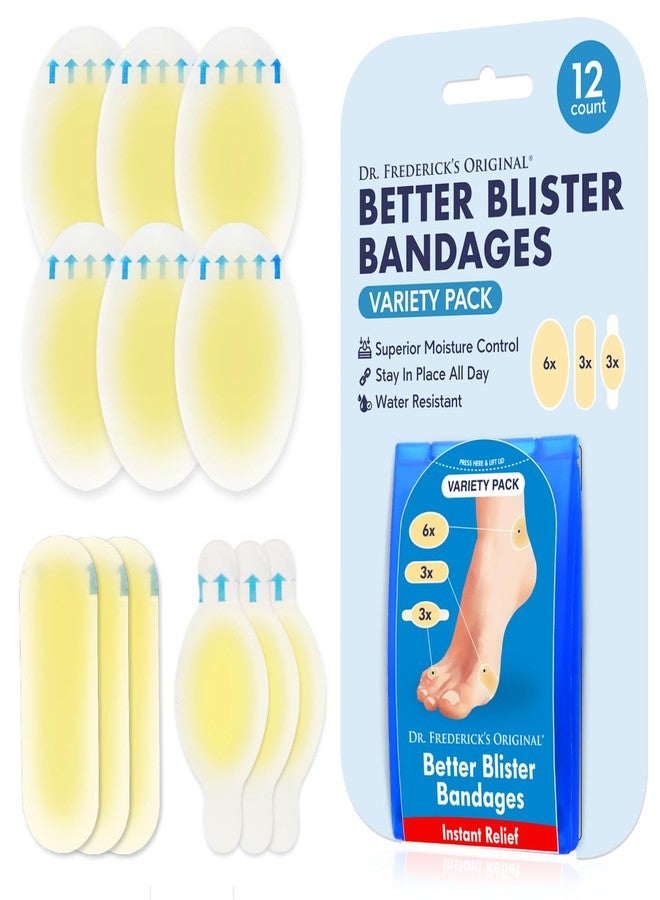 Dr. Frederick's Original Better Blister Bandages - 12ct - Water Resistant - 40% More Cushioning - Hydrocolloid Bandages for Foot, Toe, & Heel - Blister Pads for Prevention & Recovery - Variety Pack - Image 1